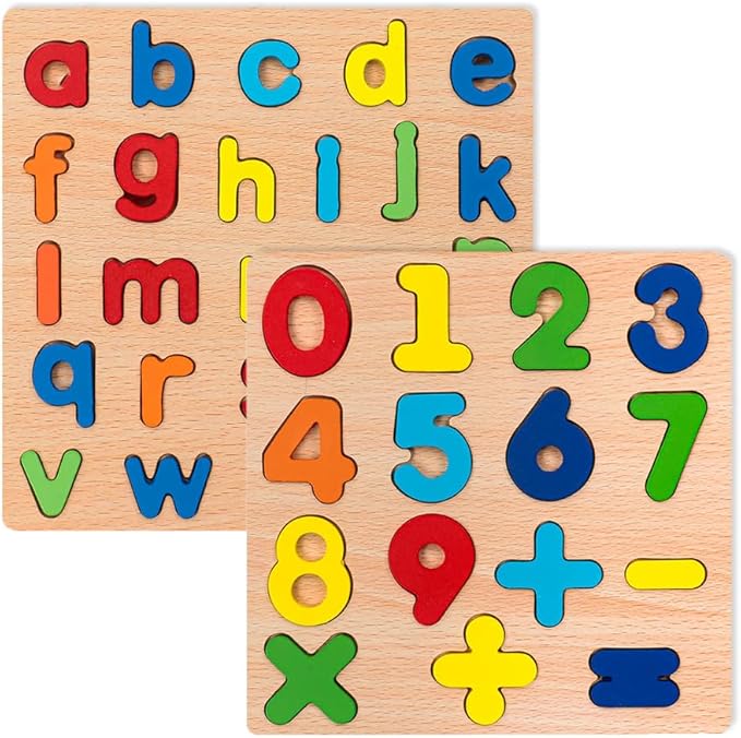 Wooden Puzzles for Toddlers, 2 Pack Alphabet Shape Wooden Puzzles for Kids Montessori Toddler Alphabet Number Shape Learning Puzzle for Kids 3 Years Over Boys & Girls