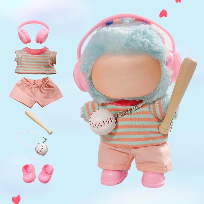 15cm/17cm Doll Outfit Suitable for Labubu Clothes –Sports Wear Outfits Gym Dolls Accessories for Dressing Up (No Doll Included) (C-Pink Stripe Baseball Suit 6-Piece Sets)