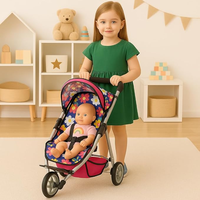 fash n kolor® Baby Doll Stroller Gift for Kids, Toy Doll Stroller with Adjustable Canopy & Storage Basket Push Pram Baby Stroller for Dolls - Foldable Doll Stroller for Pretend Play Dolls Accessories