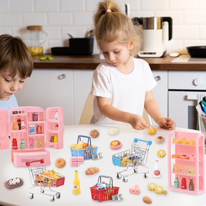 DULEFUN 143pcs Mini Shopping Cart Basket Miniature Food Drink Bottle Toys, Supermarket Shelve Metal Handcart Cash Register for Dollhouse Store AccessoryPretend Play Cosplay Game Kids Party Favor