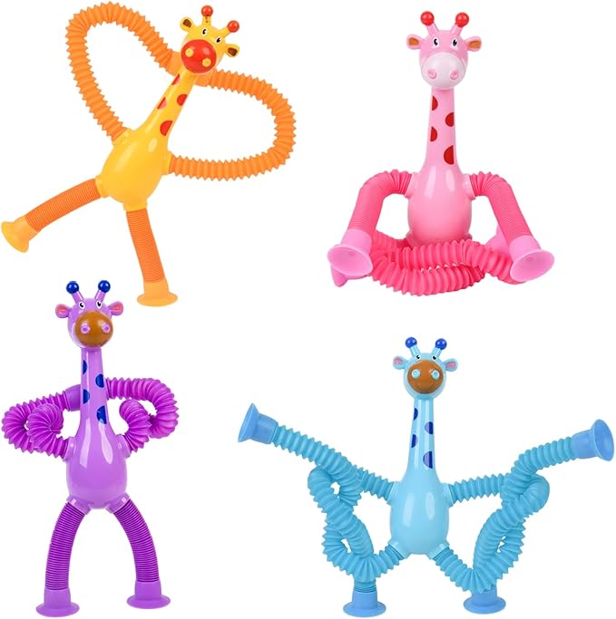 Pop Tubes Fidget Toys, 4-Pack Telescopic Suction Cup Toy for Kids Toddlers, Animal Autism Sensory Toy for Boys Girls, Funny Stocking Stuffers for Christmas Birthday Gift (Giraffe)