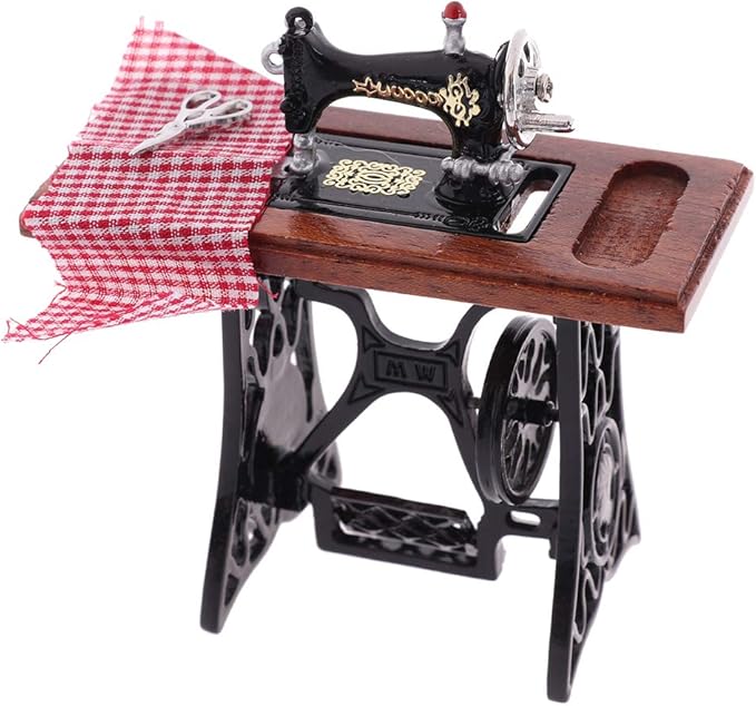 Dollhouse Miniature Vintage Sewing Machine Furniture Exquisite Tailor Themed Decor Accessories for Doll House Scene Layout DIY Mini Craft Ornament Creative Photo Prop 1:12 Scale