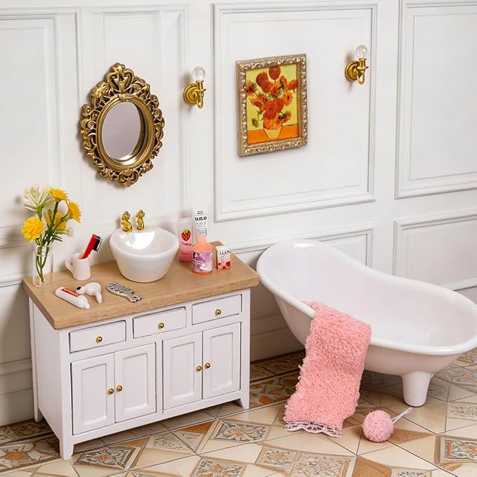 DIYDEC 1:12 Scale Dollhouse Bathroom Set 20pcs Miniature Furniture Accessories with Doll Bathroom Washbasin Cabinet Ceramic Bathtub Mirror Comb for Dollhouse Miniatures Play Figurines Decor