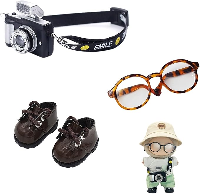 3pcs Doll Accessories Set Included Mini Glasses, Camera and Shoes for 17cm Doll, Dress Up Accessories Mini Costume Supplies for for 6.7 Inches Dolls (Set of Brown)