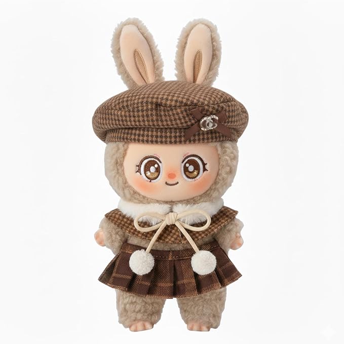 Doll Clothing Set (No Doll), Cute Cropped Straw Hat, Crossbody Bag, Dress, Suitable for 15-17cm Dolls, Outfit Accessory Set for Unique Styling (Brown-Houndstooth)