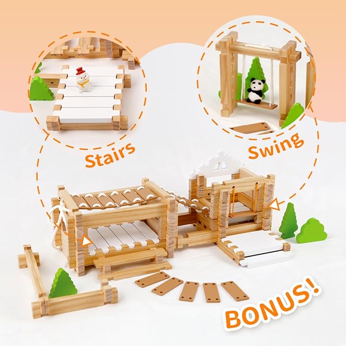 Jovi-mindly＆Notchies 96 PCS Wooden Blocks Wooden Toys with Storage Bag, Preschool Learning Toys Wood Blocks Building for Kids Ages 4-8 Creative Construction Game,FSC Certified,Easter Toys Gifts