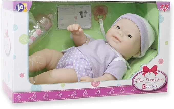 JC Toys - La Newborn Nursery | 7 Piece Doll Gift Set | 12" Life-Like Asian Doll with Accessories | Purple | Ages 2+ (18346)