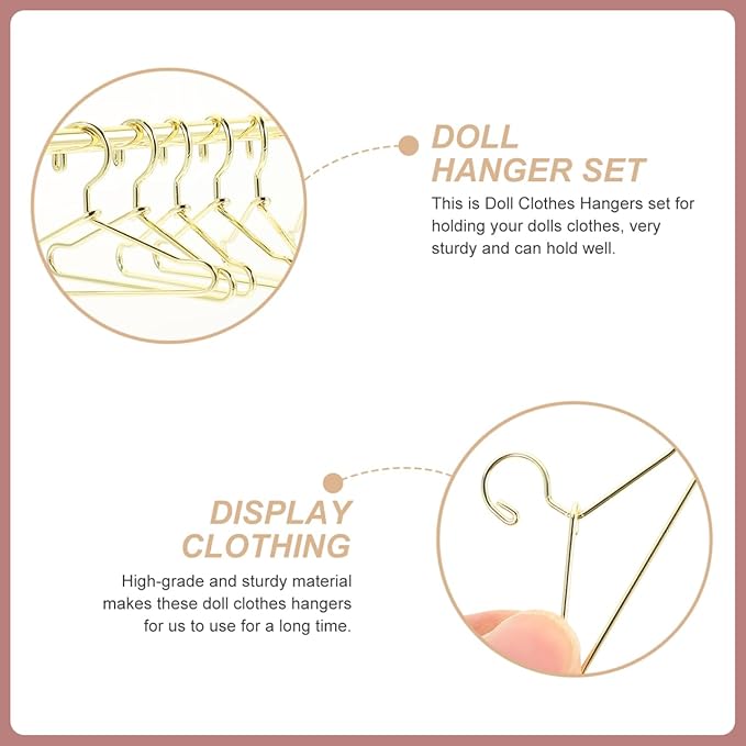 STOBOK Miniature Doll Garment Rack Set Mini Doll Dress Clothing Display Rack with 10Pcs Mini Dollhouse Clothes Hangers for Dollhouse Furniture Accessories Supplies, Golden