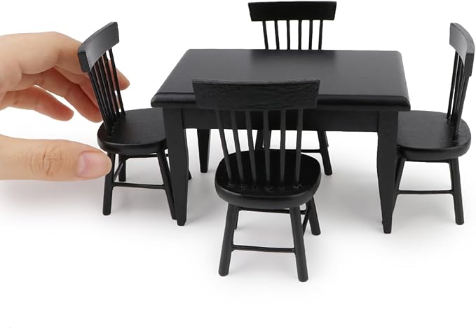 Miniature Dining Table & Chair Set for Dollhouse 1 12 Scale Wooden Furniture Model 5pcs House Mini Decoration Accessories DIY Hobby Gift (Black)