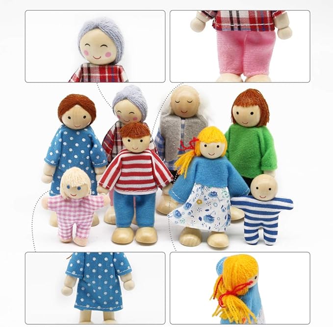 Lovely Family Dollhouse Dolls Set of 8 Wooden Figures, Kids Girls Happy Playset Characters Accessories for Children Pretend Gift