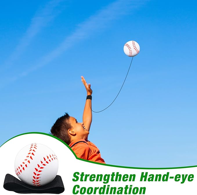 Deekin 2.36 Inch Wrist Return Ball Sports Wristband Rebound Ball on a String Rebound Bouncy for Wrist Exercise Fun Outdoor Activity for Team(12 Pcs,Baseball)