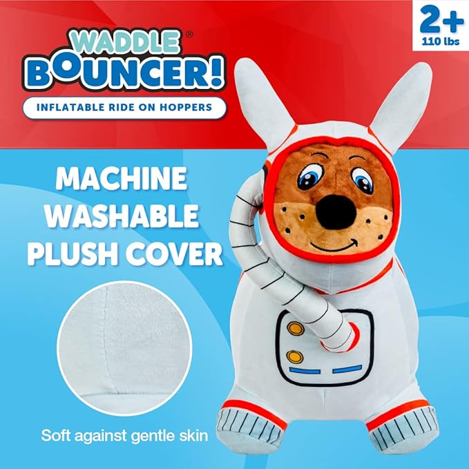WADDLE Bouncy Hopper Inflatable Animal Hopping Plush, Indoor and Outdoor Toy for Toddlers and Kids, Pump Included, Boys and Girls Ages 2 Years and Up (Space Dog)