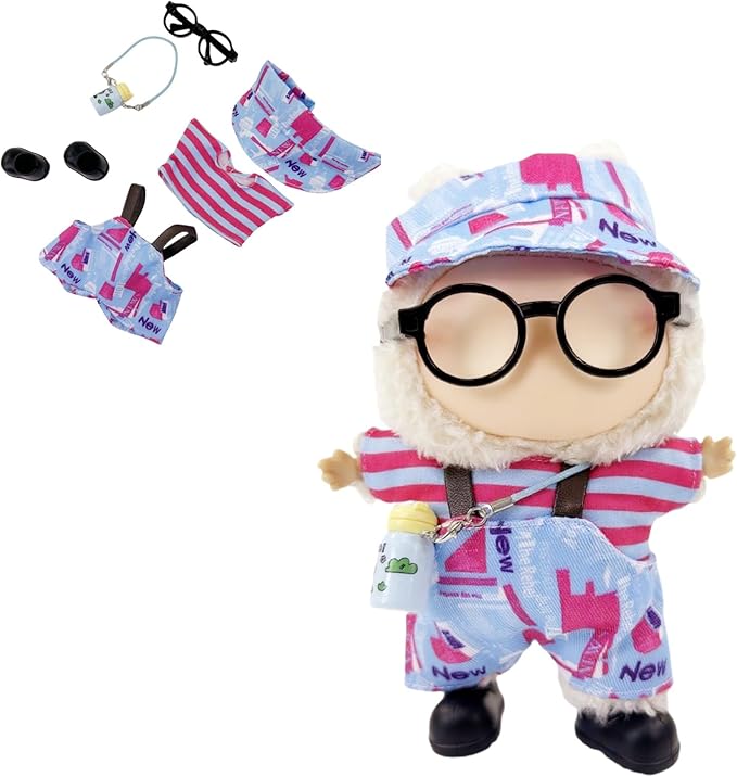 15-17cm Fashion Doll Clothes, Cool Overalls 6Pcs Doll Outfits and Accessories for Dress Up/Collectors (Hat + Top + Pants + Water Bottle + Glasses + Shoes)(No Dolls)