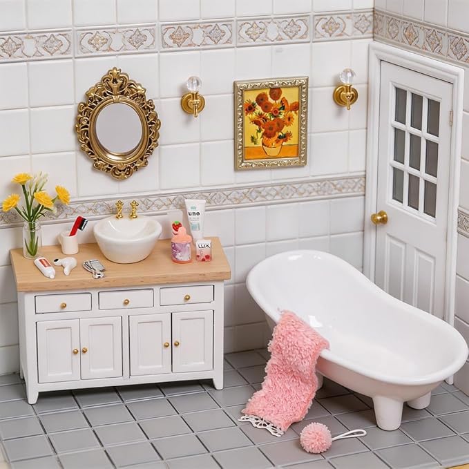 DIYDEC 1:12 Scale Dollhouse Bathroom Set 20pcs Miniature Furniture Accessories with Doll Bathroom Washbasin Cabinet Ceramic Bathtub Mirror Comb for Dollhouse Miniatures Play Figurines Decor