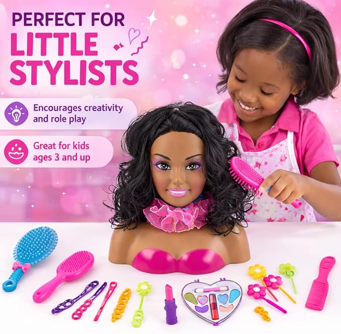 Liberty Imports African American Black Makeup and Hair Styling Doll Head Toy Playset with Real Washable Cosmetic and Fashion Dress Up Accessories for Girls Pretend Play