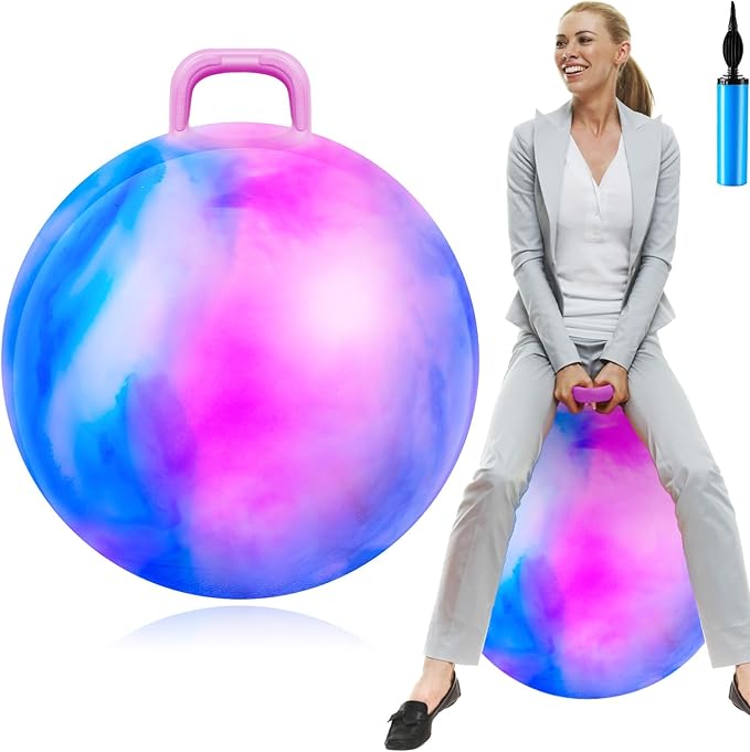 Lewtemi Hopper Ball for Adults, 29 Inch Bouncing Ball Hippity with Handle Rubber Hop, Jumping Hopping Exercise with Air Pump for Outdoors Sports Games Exercise (Blue Pink Cloud)