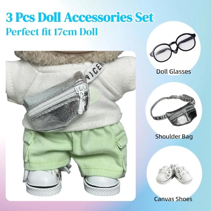 3pcs Lububu Doll Accessories Set Included Mini Glasses, Shoulder Bag and Canvas Shoes, Dress Up Accessories Replacement for 17cm Doll (Shoulder Bag - Sliver)