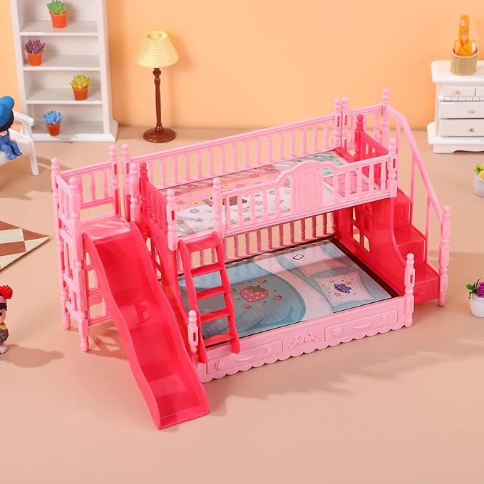NOLITOY Miniature Bunk Bed with Slide for 6 Inch Dolls - Pink Double Deck Plastic Dollhouse Furniture Playset with Ladder & Bedding Accessories - Fits Small Dolls Figures