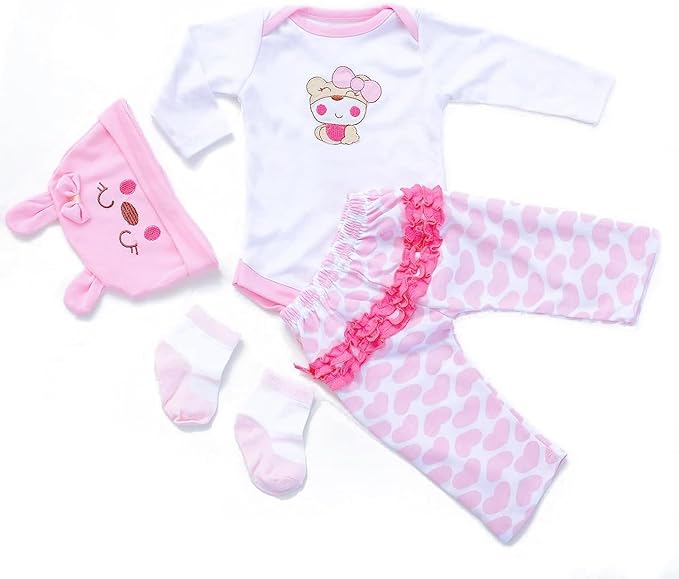 Reborn Baby Doll Clothes for 17-22 Inch Newborn Baby Doll Girl (Cute Pink Bear Pattern 4pcs Set)