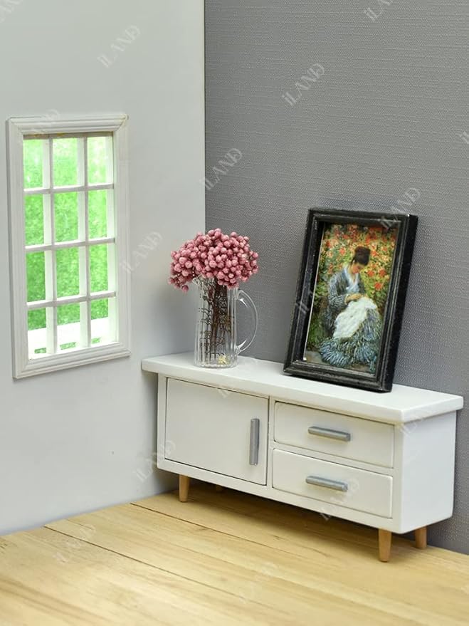 iLAND Miniature Dollhouse Accessories for Dollhouse Furniture on 1:12 Scale, Dollhouse Frames w/Printed Classic Paintings Set (4 Matte Silver Frames & Pictures)