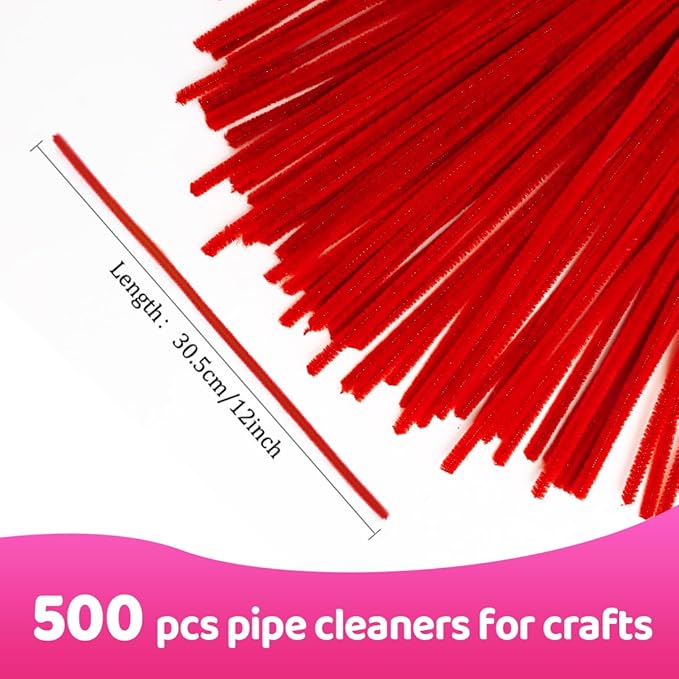 Praisebank Red Pipe Cleaners for Crafts, 500pcs, Chenille Stems for DIY Projecets, Arts & Crafts Supplies for Festival Party Decorations