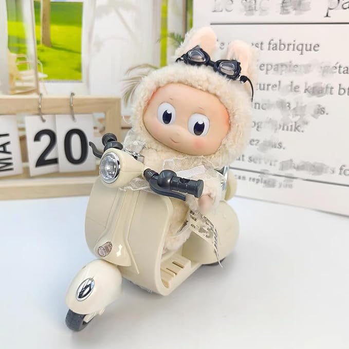 Liotww Motorcycles Scooter Toy Doll - with Light and Music, Cute Have a Seat for Accessories, Decor Desktop Ornaments Collectors (Off-White)