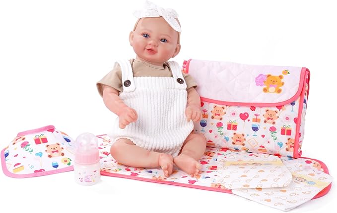 BABESIDE 6 Pcs Reborn Baby Doll Accessories Set for 17-22 Inch Dolls, Feeding & Diaper Bag Play Set with Bib, Bottle, Diapers & Changing Pad, Toy Gift for Girls (Doll Not Included)
