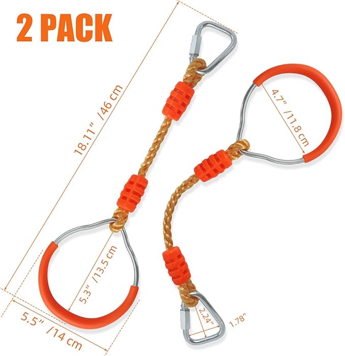 Fitness Gymnastic Ring Swing Monkey Bar Fists Trapeze Obstacle Course For Backyard Outdoor Indoor Jungle Home Gym, 2 Pack Orange Hang Ninja Rope Rings Warrior Accessories Playground Training Equipment