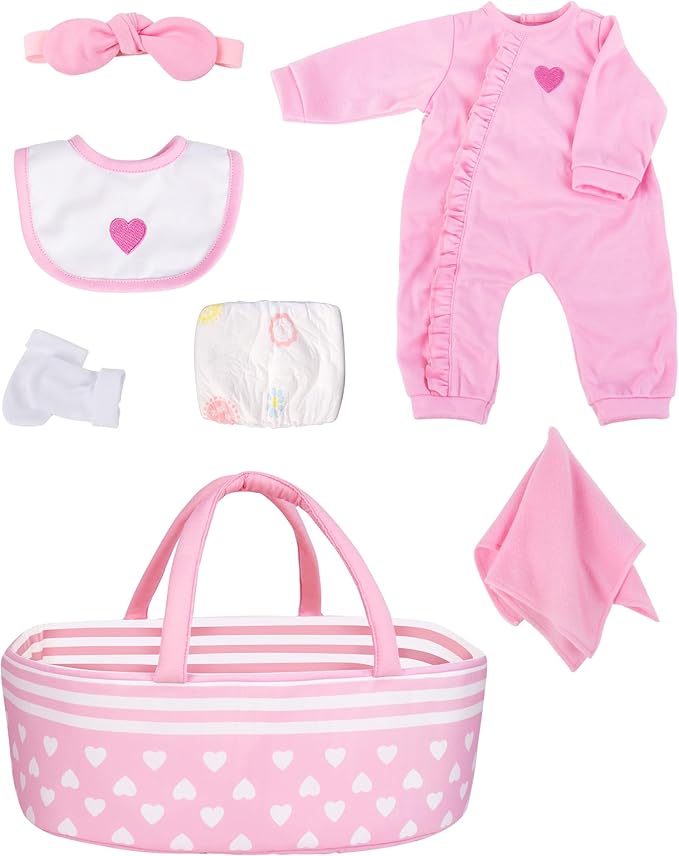Aori 7 Pcs Reborn Baby Dolls Clothes Set with Pink Bassinet for 17-22 Inch Baby Doll, Carrier Bed and Baby Doll Clothes Outfit Accessories fit Newborn Baby Girl