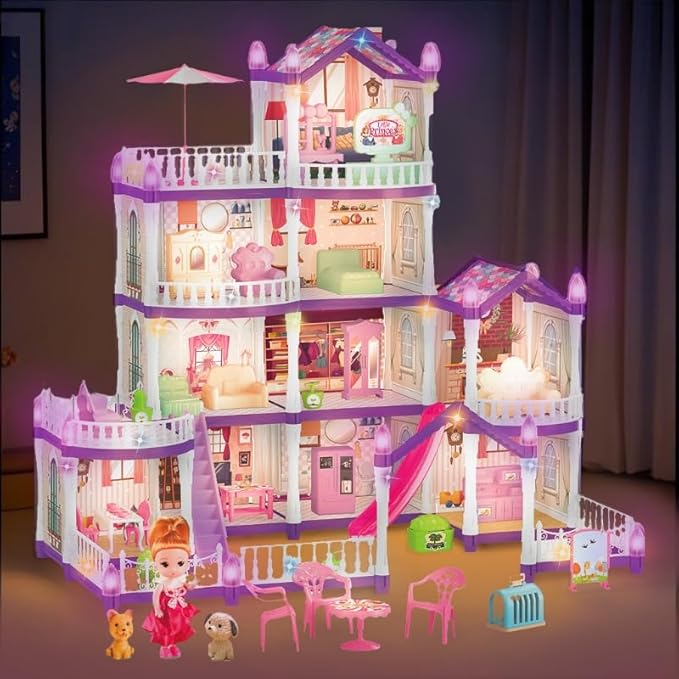 Villa Toy House for Girls, 4 Stories 10 Rooms Villa Playhouse with Princesses Slide Accessories, Lights, Furniture, stairs, DIY pretend toddlers playset kit for 3 4 5 6 7 8 9 10 Year Old Kids (purple)