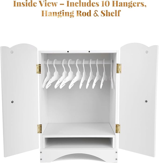 Wooden Baby Dolls Closet with 10 Hangers & Shelf, 12-16 Inch Doll Wardrobe for Baby Doll Clothes Storage, Magnetic Closure & Easy Assembly, Baby Doll Accessories Furniture