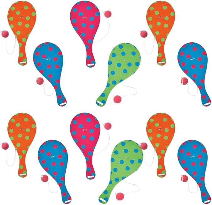 Fun Express Wooden Paddle Ball Set 12 Pack - Retro Toys for Kids with Ball on String | Classic 80s Vintage Games for Birthday Party Favors | Old Fashioned Paddleball Game for Indoor Outdoor Play