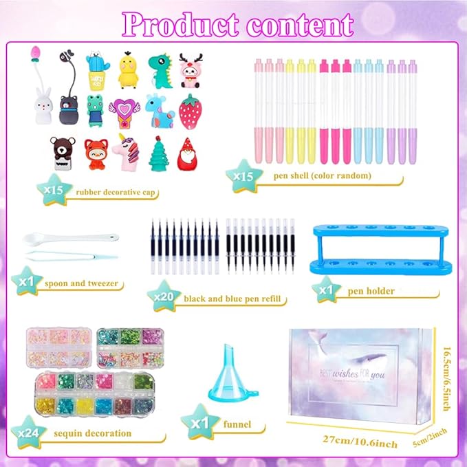 Topblux DIY Sparkle Pen Craft Kit for Kids Ages 6-12, Create 15 Custom Glitter Pens with Sequins Rubber Charms, Gift for Girls Birthday Art Projects Classroom Activity (15)