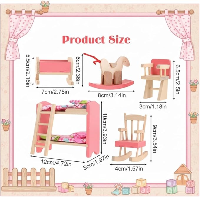 Wooden Dollhouse Bedroom Furniture: Doll Bunk Bed Rocking Horse Chair, DIY 1:12 Scale Miniature Doll House Decoration Accessories for Ages 3+ Role-Playing