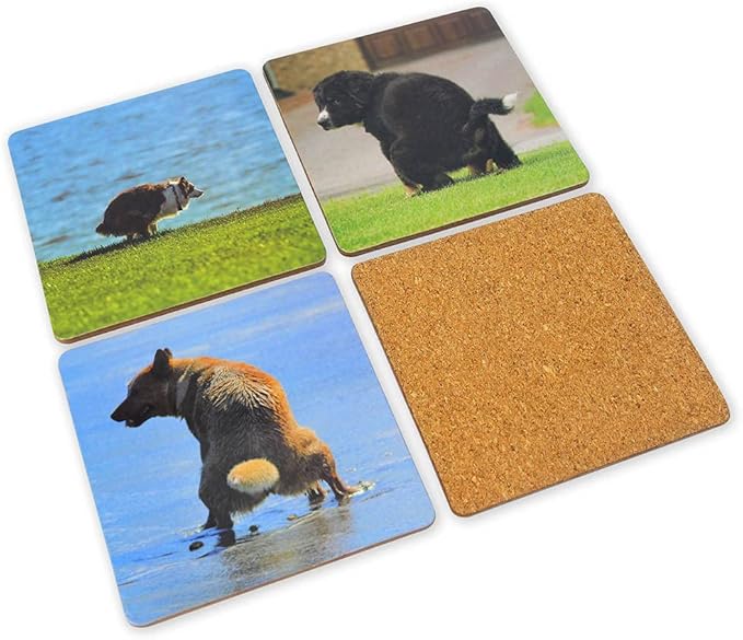 8 Pooping Dogs Funny Coasters for Drinks - Absorbent Cork Base Home Decor Coaster Set for Tabletop Protection, Dog Decor for Dog Lovers, Hilarious Drink Coasters Set Gag