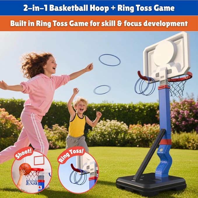 2-in-1 Toddler Basketball Hoop with Ring Toss Game, Adjustable 2.5–5.5 Ft Indoor & Outdoor Kids Basketball Set with Mini Balls, Rings, Pump & Stable Base | Sports Toy for Boys & Girls Ages 1–3+