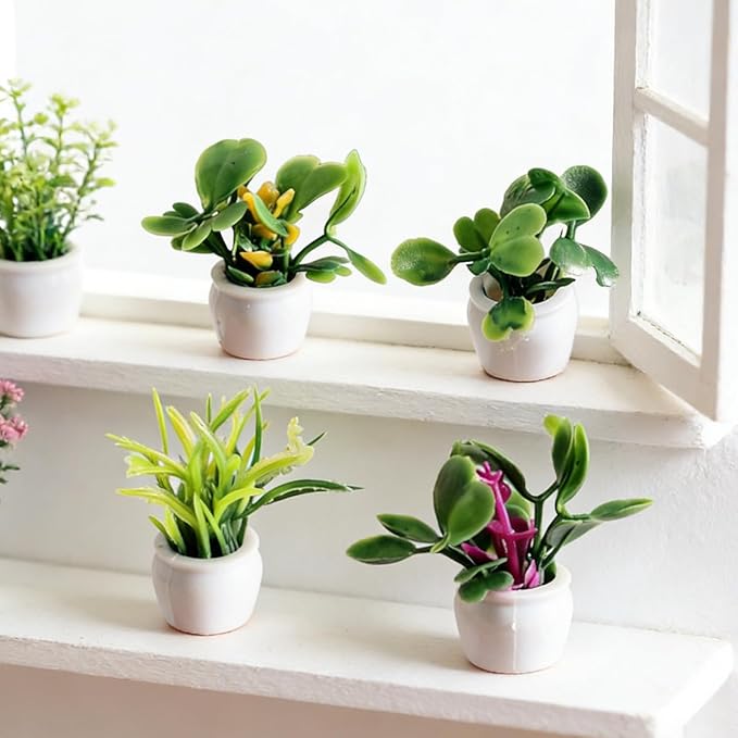 8Pcs 1/12 Scale Dollhouse Miniature Plants, Artificial Potted Greenery Tiny Flower Pots for DIY Crafts & Fairy Garden Micro Landscape Decoration (MiniPlantPot)