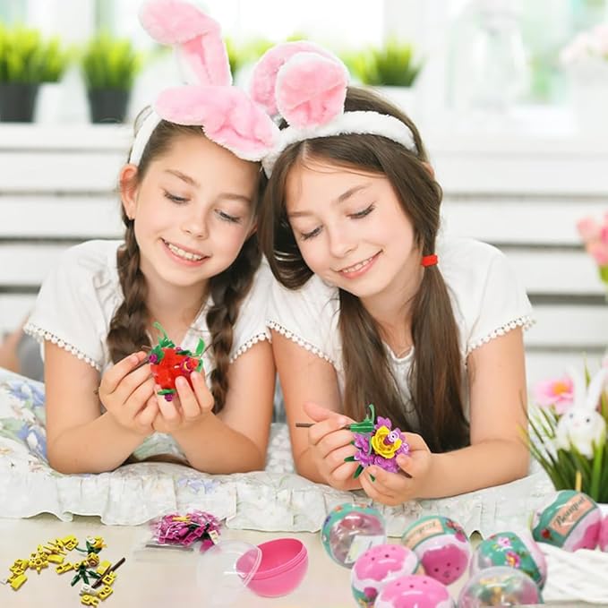 UMEELR Pre Filled Easter Eggs with Flowers, 12Pcs DIY Flower Surprise Building Blocks Toys for Basket Stuffers, Easter Egg Hunt Classroom Prize Toys
