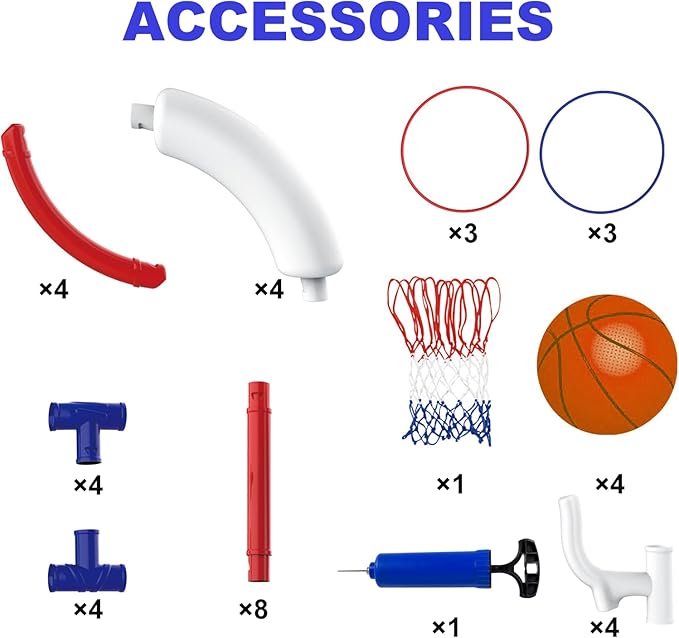 2-in-1 Floating Pool Basketball Hoop with 4 Balls, 6 Rings & Pump, Stable Water Basketball Hoop & Ring Toss Pool Games for Ages 4-8, 8-12, Summer Party Fun & Outdoor Indoor Family Pool Toys
