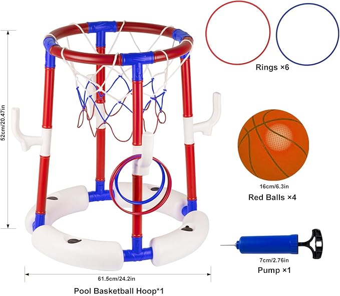2-in-1 Floating Pool Basketball Hoop with 4 Balls, 6 Rings & Pump, Stable Water Basketball Hoop & Ring Toss Pool Games for Ages 4-8, 8-12, Summer Party Fun & Outdoor Indoor Family Pool Toys