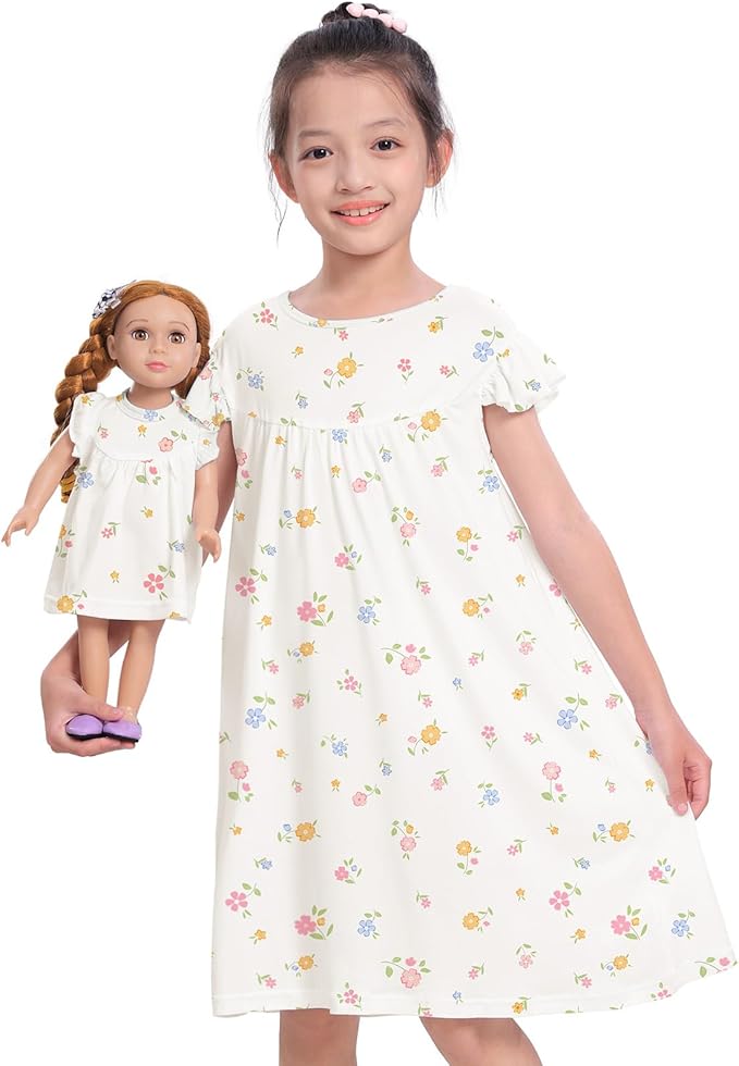 ICOSY Matching Doll & Girls Nightgowns Clothes Girls Pajamas Sleepwear Outfit for Kids and 18" Girl Doll