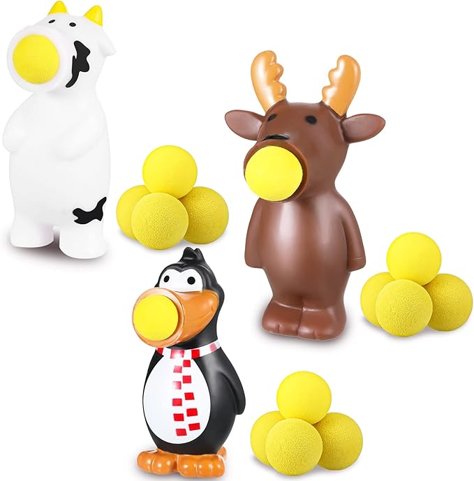 Sumind 3 Pcs Christmas Ball Popper Toy Shooter with 15 Shoot Foam Balls up to 20 Feet Santa Snowman Elf Toy Game Christmas Stocking Stuffer Gag Gift for Kid Adult Holiday (Penguin, Elk, Cow)