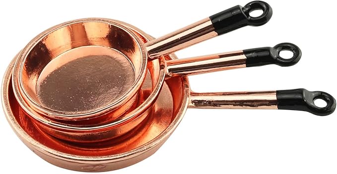 TAODAN Dollhouse Kitchen Cookware 1/12 Scale Miniatures Metal Frying Pans, Kettle, Copper Pots with Lids for Dollhouse Kitchen Accessories Christmas Birthday Gift Miniature Stovetop Cookware