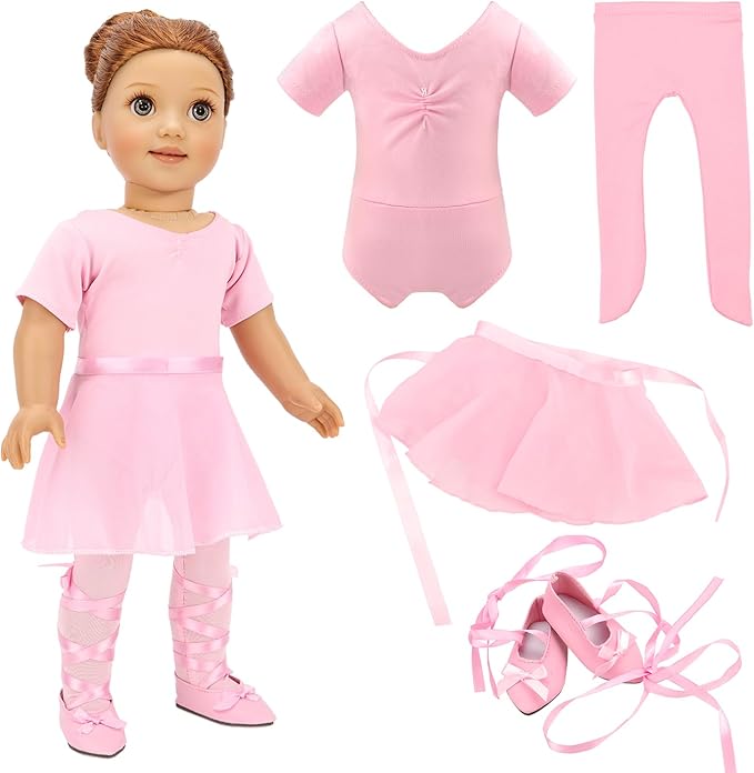 BARWA 18 Inch Doll Clothes Ballet Ballerina Outfits Dance Dress Custume Compatible with 18 Inch Dolls - 4 PCS Leotard with Tutu Skirt, Tights and Ballet Shoes