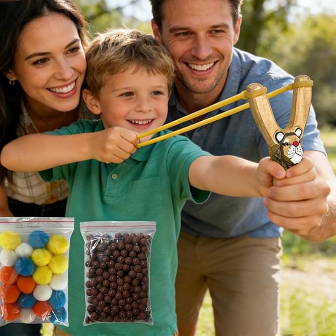 LANJAY Handmade Solid Slingshot with Personalized Carvings, Clay Balls & Pompoms, for Indoor/Outdoor Games, Hunting, Suitable for Adults & Kids