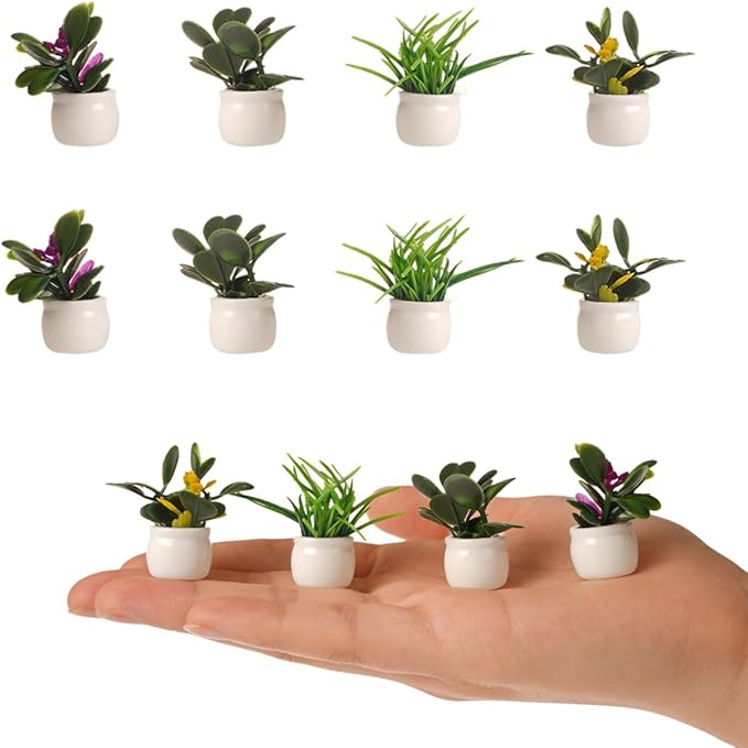 8Pcs 1/12 Scale Dollhouse Miniature Plants, Artificial Potted Greenery Tiny Flower Pots for DIY Crafts & Fairy Garden Micro Landscape Decoration (MiniPlantPot)