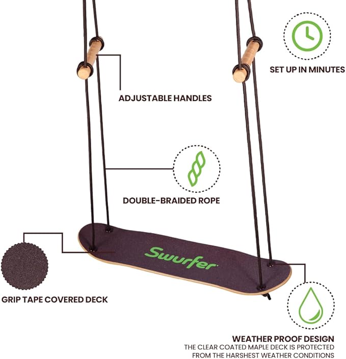 Swurfer Stand Up TreeSkate Outdoor Swing - Tree Swing for Kids with Adjustable Handles, Kids Outdoor Play Equipment, Durable, Weatherproof, Easy Installation, Holds Up to 200 lbs, Ages 6+ (Natural)
