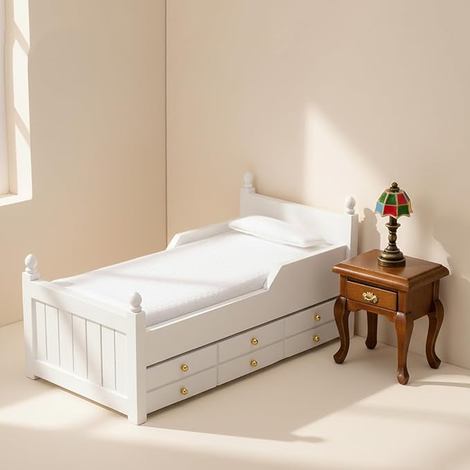 Dollhouse Miniature Bed with Drawer 1:12 Wooden Furniture European Bedroom Bedding Furniture Accessories with Pillow & Mattresses Vintage Floral Fabric Mini House Decoration