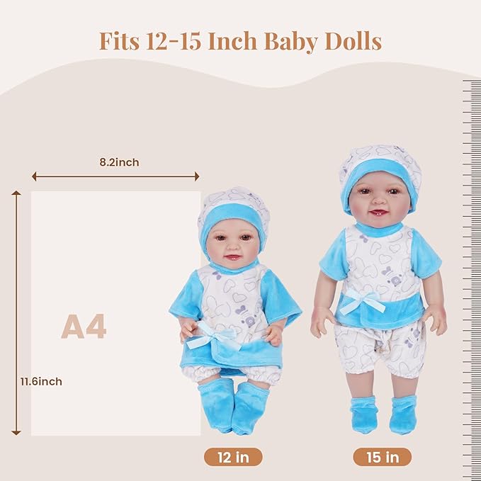 BABESIDE 6 Sets of Baby Doll Clothes for 12-15 Inch Babydolls, 14 Pcs Dolls Clothes and Baby Doll Accessories with Hats, Pants, Headband and Socks, Pretend Play Toys for Kids 3+