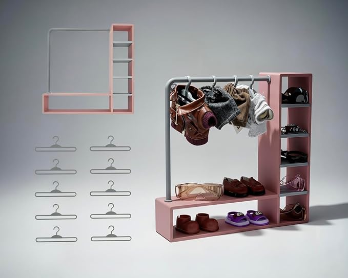 Doll Clothes Closet with 10 Hangers, Pink & Gray Color Block Doll Accessories Display Wardrobe, Compatible with Fasion Doll Clothes,Portable Storage for Figures,Gift